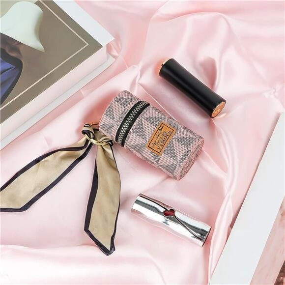 Pink Lipstick Case Mini Leather Lip Gloss Lipstick Organizer Travel Lipstick Bag - Picture 5 of 8